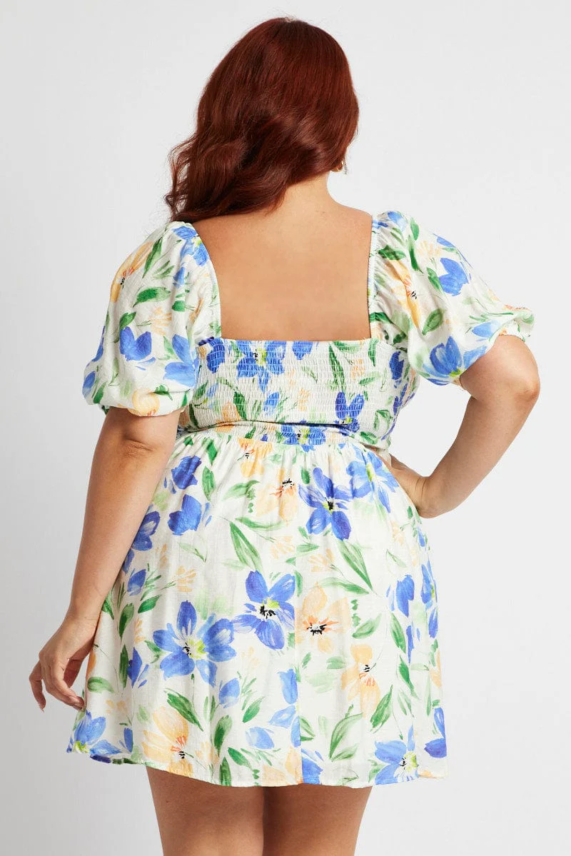 White Floral Fit And Flare Dress Short Sleeve Ruched Bust - Image 5