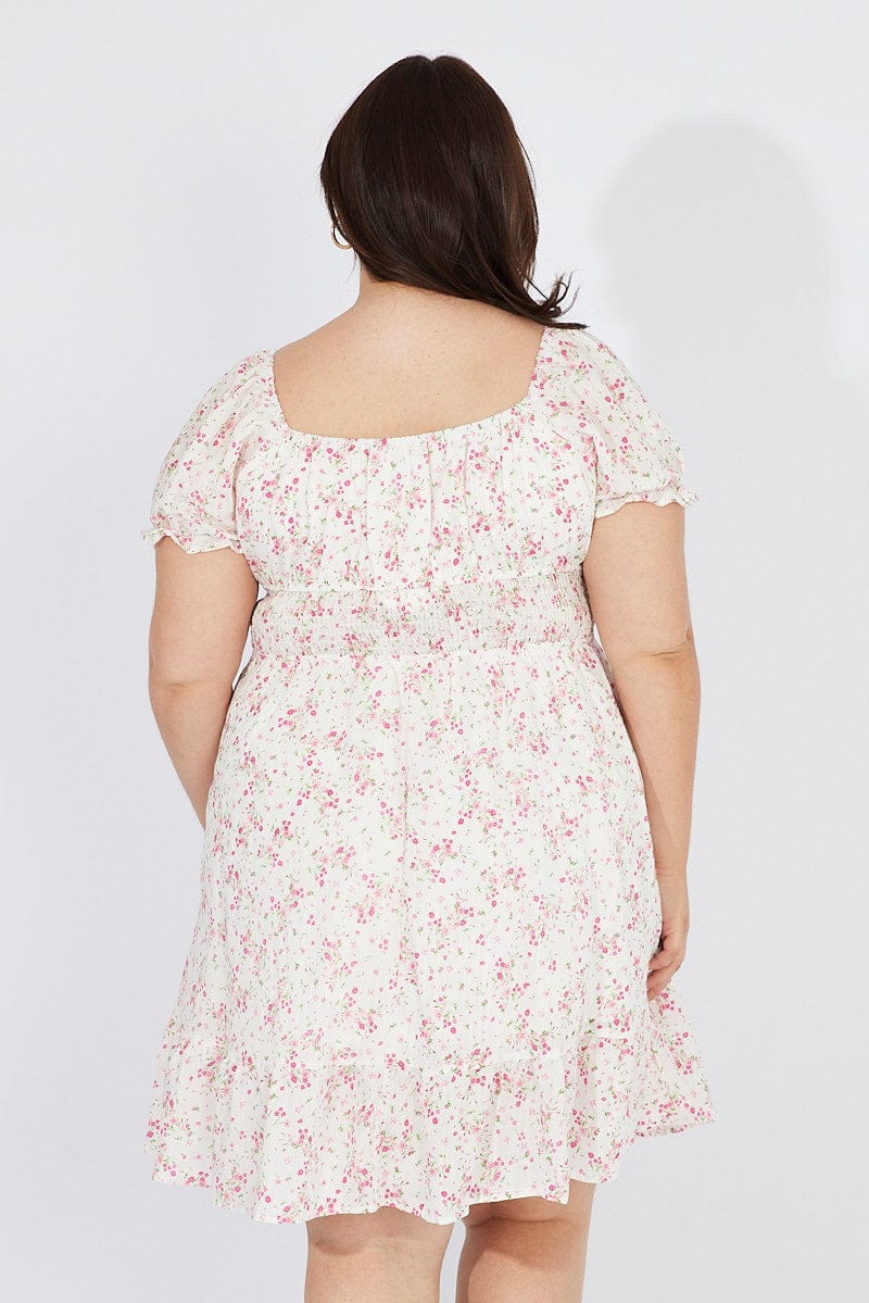 White Floral Fit And Flare Dress Short Sleeve Ruched Bust - Image 5