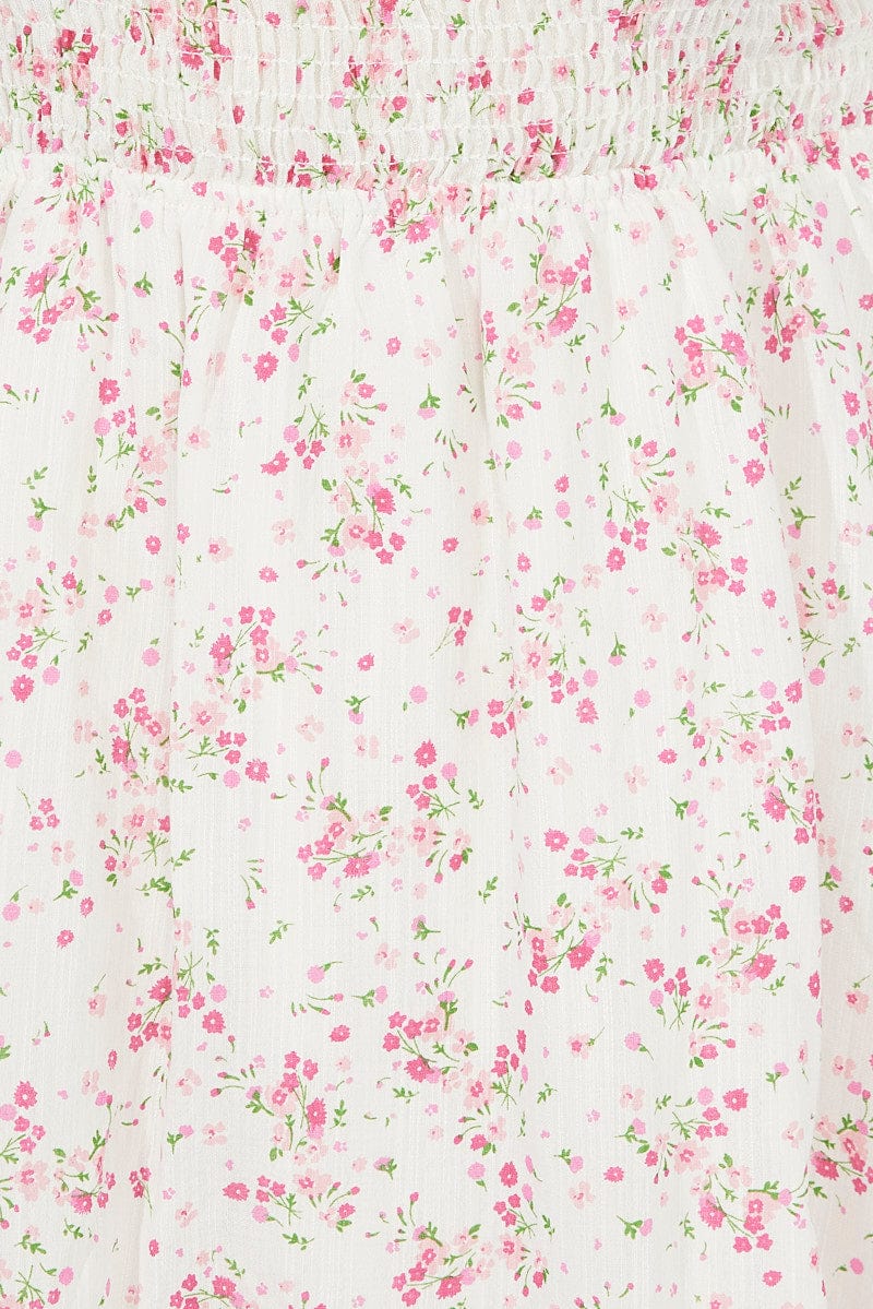 White Floral Fit And Flare Dress Short Sleeve Ruched Bust - Image 6