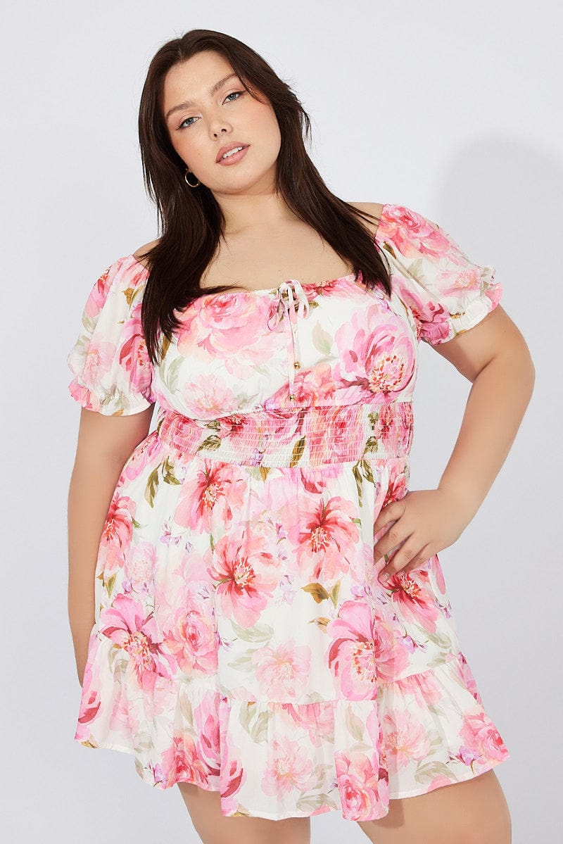 White Floral Fit And Flare Dress Short Sleeve Ruched Bust - Image 3