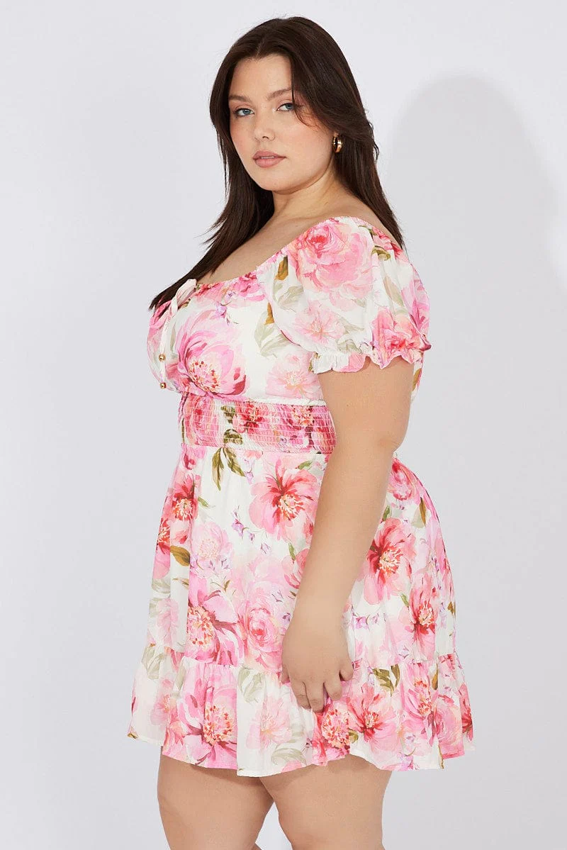White Floral Fit And Flare Dress Short Sleeve Ruched Bust - Image 4