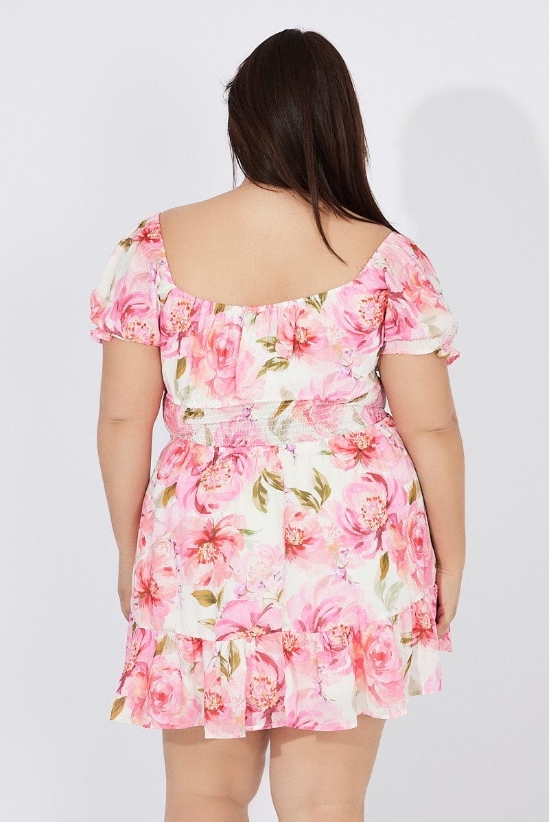 White Floral Fit And Flare Dress Short Sleeve Ruched Bust - Image 5