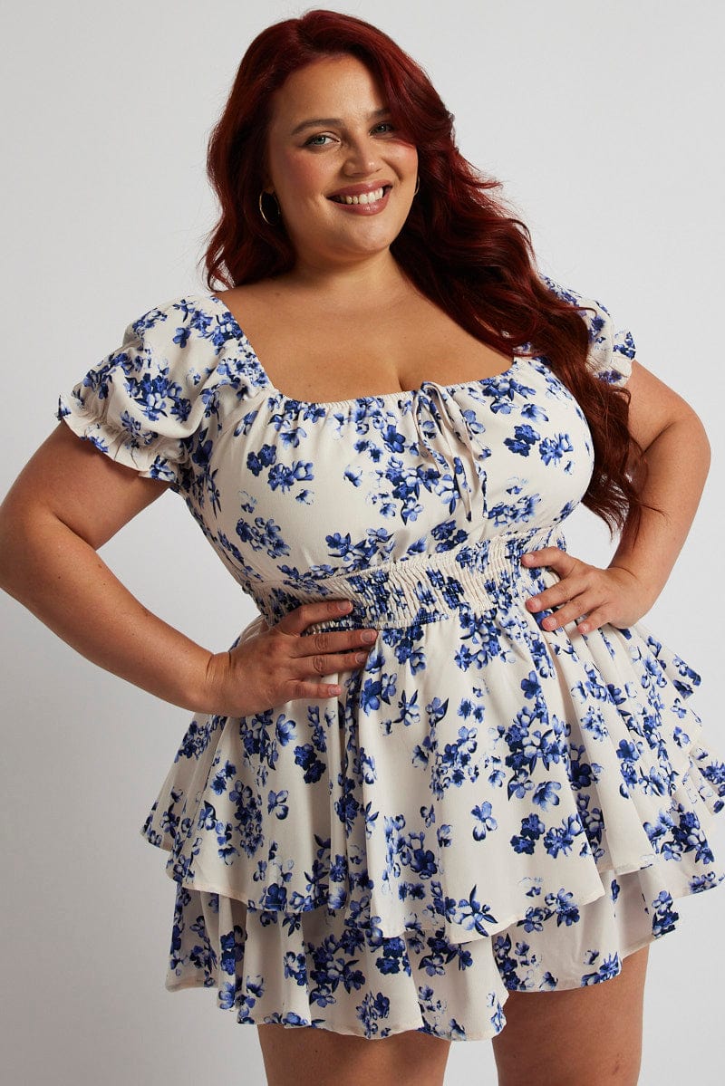White Floral Floral Playsuit Short Sleeve Ruched Bust