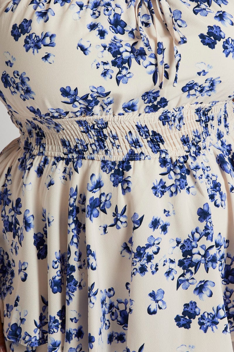 White Floral Floral Playsuit Short Sleeve Ruched Bust - Image 6