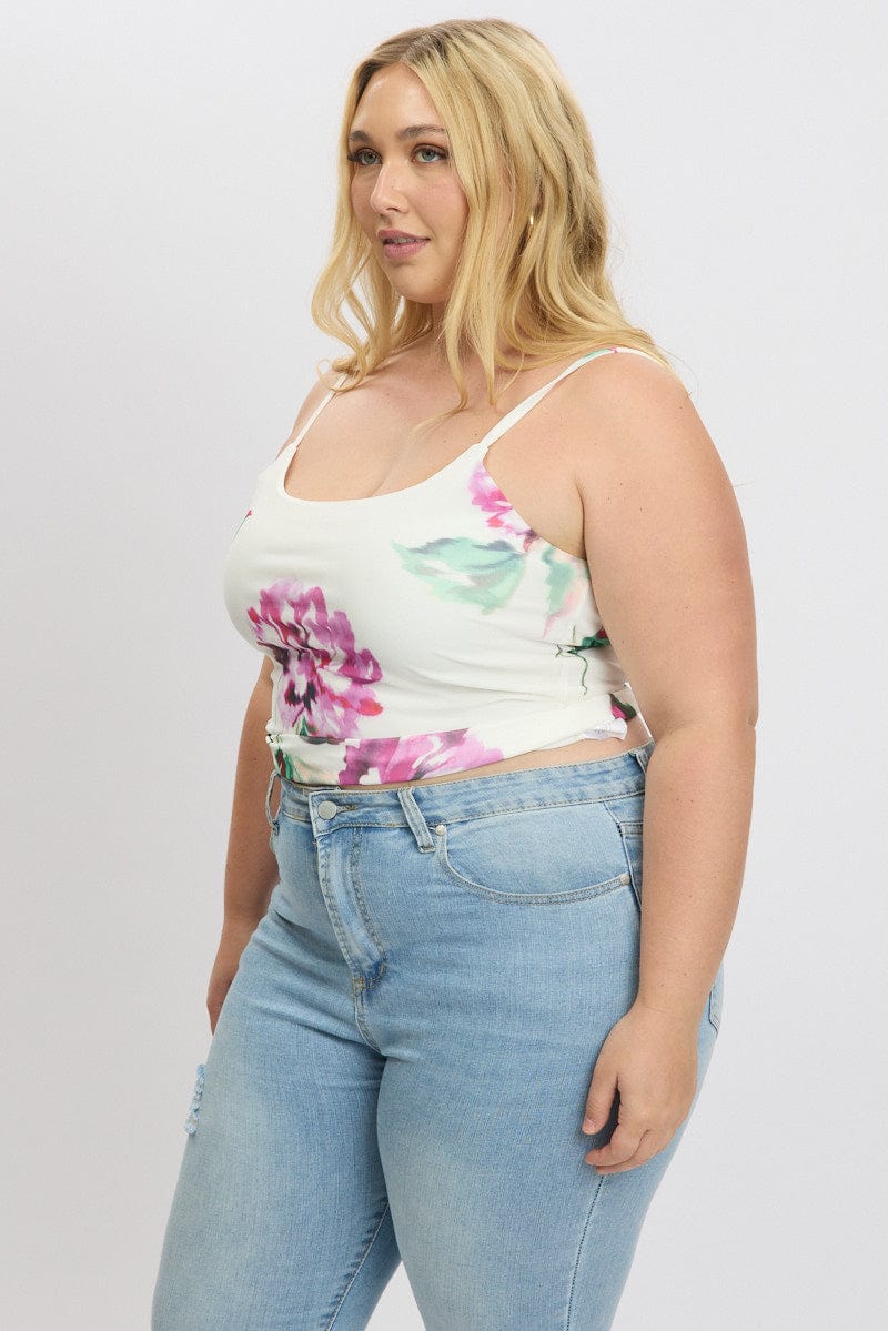 White Floral Floral Singlet Top Mesh - Image 4