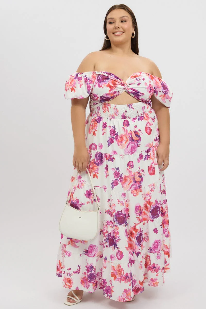 White Floral Midi Dress Short Sleeve Cut Out - Image 2
