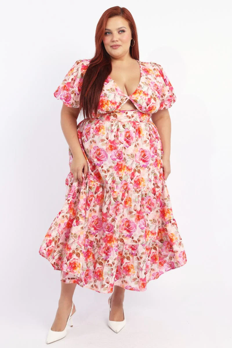 White Floral Midi Dress Short Sleeve Cut Out Textured