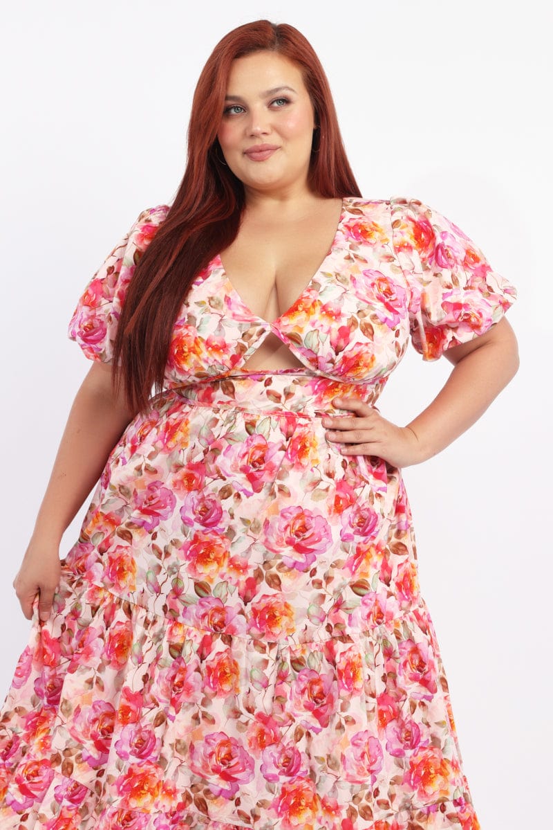 White Floral Midi Dress Short Sleeve Cut Out Textured - Image 2