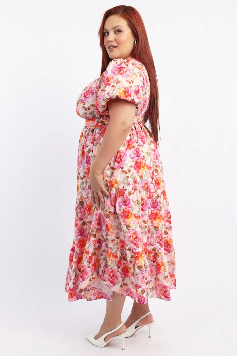 White Floral Midi Dress Short Sleeve Cut Out Textured - Image 3
