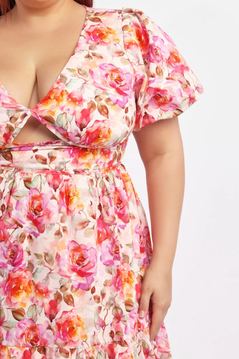 White Floral Midi Dress Short Sleeve Cut Out Textured - Image 5