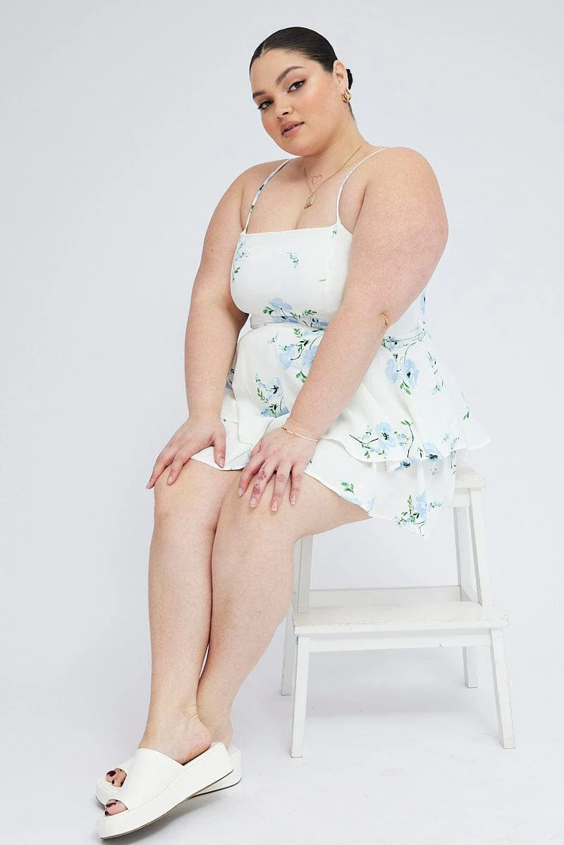 White Floral Ruffle Playsuit Sleeveless Waist Tie
