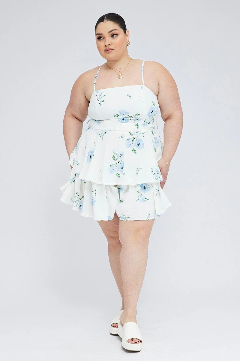 White Floral Ruffle Playsuit Sleeveless Waist Tie - Image 2