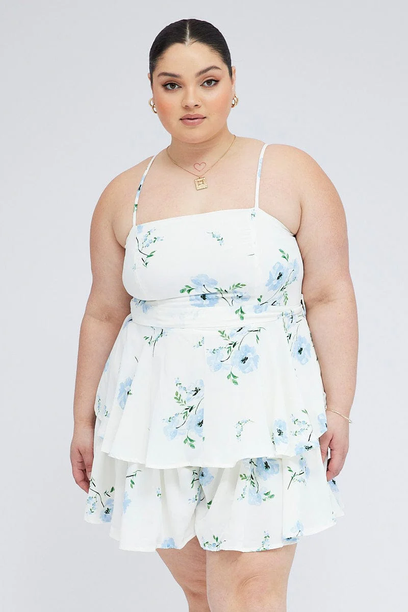 White Floral Ruffle Playsuit Sleeveless Waist Tie - Image 3