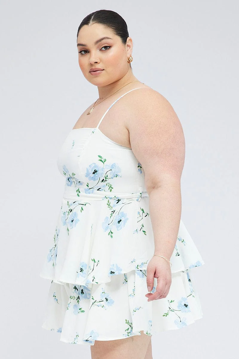 White Floral Ruffle Playsuit Sleeveless Waist Tie - Image 4