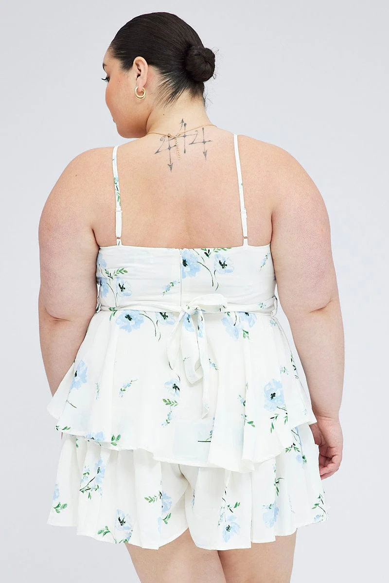 White Floral Ruffle Playsuit Sleeveless Waist Tie - Image 5
