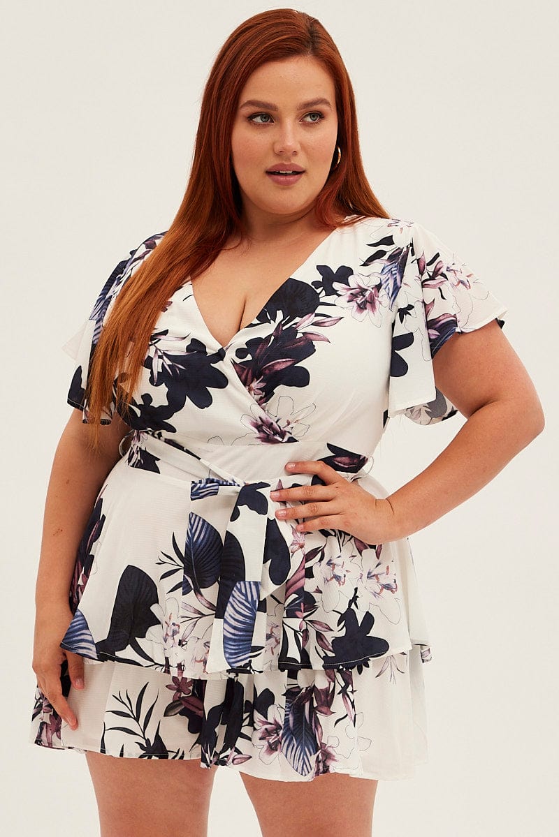 White Floral Short Playsuit Party V-neck Waist Tie Crepe - Image 3