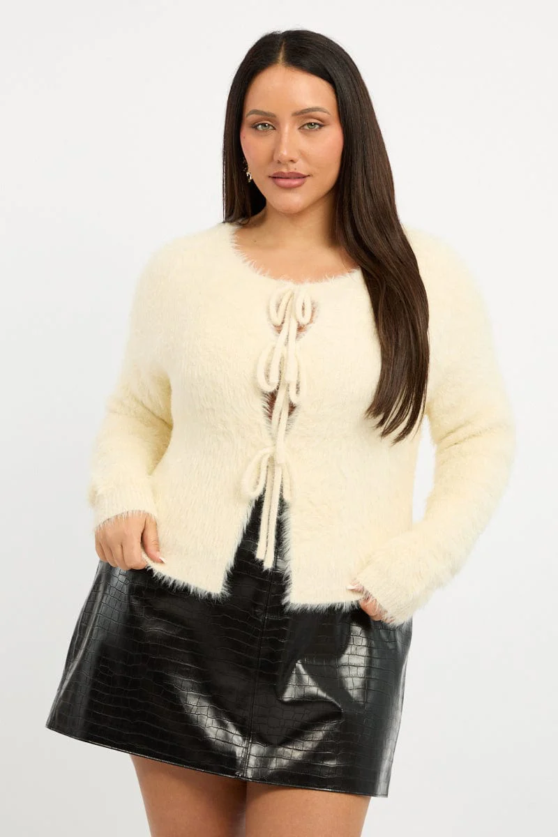White Fluffy Knit Cardigan Tie Up Front - Image 2
