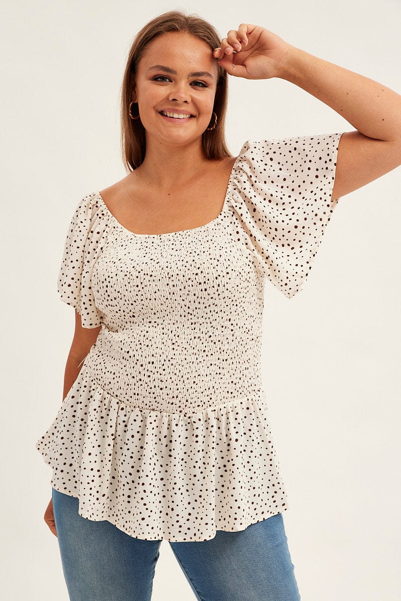 White Geo Peplum Top Short Sleeve Shirred - Image 3