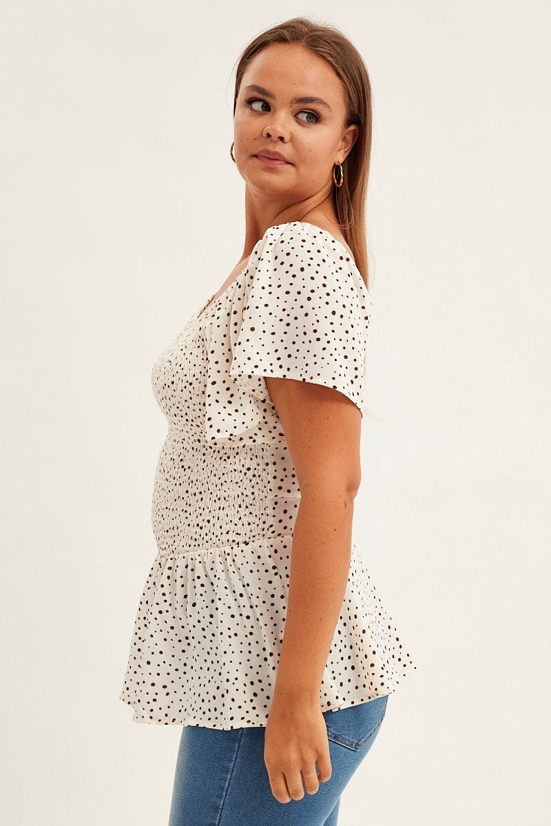 White Geo Peplum Top Short Sleeve Shirred - Image 4