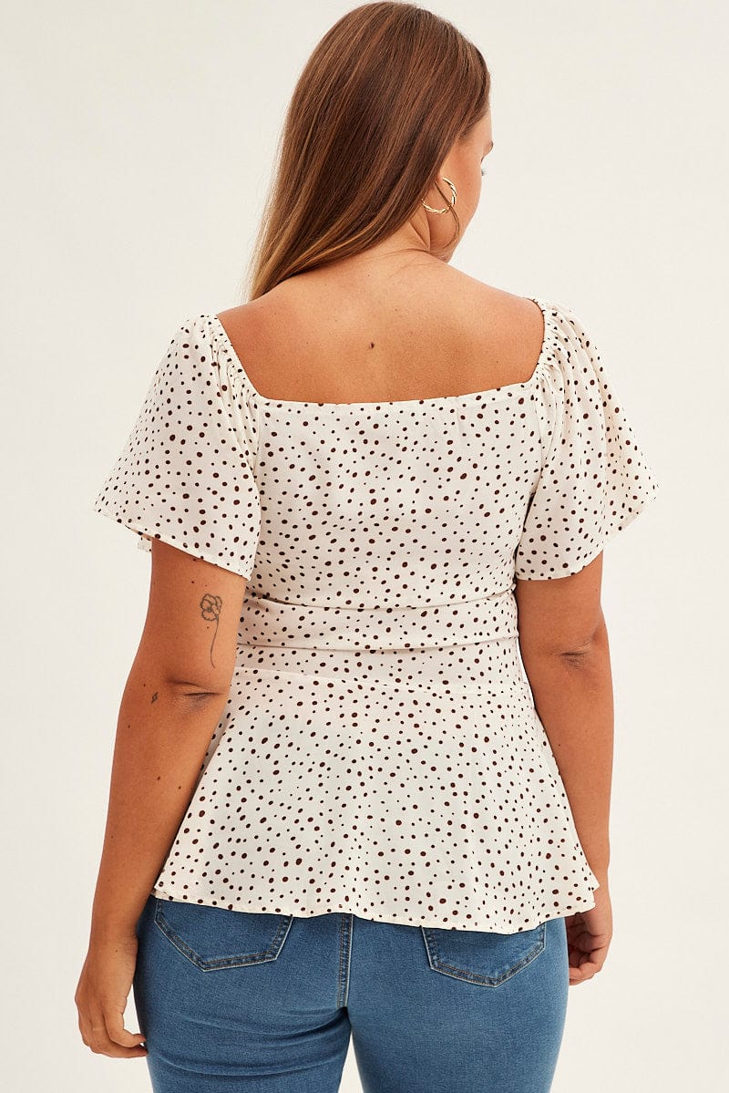 White Geo Peplum Top Short Sleeve Shirred - Image 5