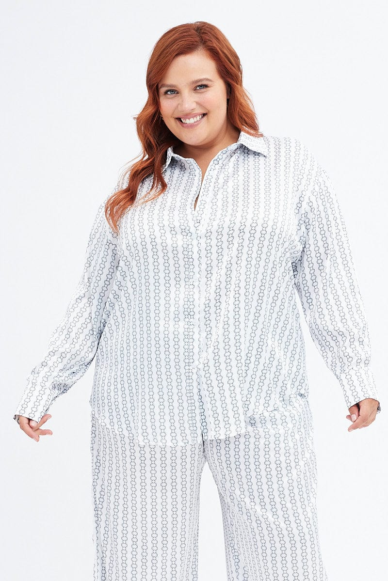White Geo Relaxed Shirt Long Sleeve Satin - Image 3