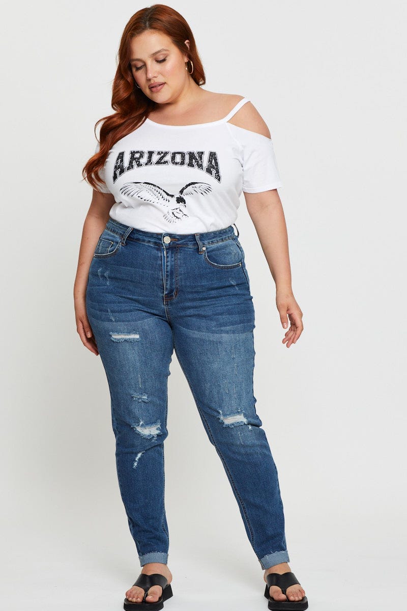 White Graphic T-shirt Arizona Short Sleeve Cold Shoulder - Image 2