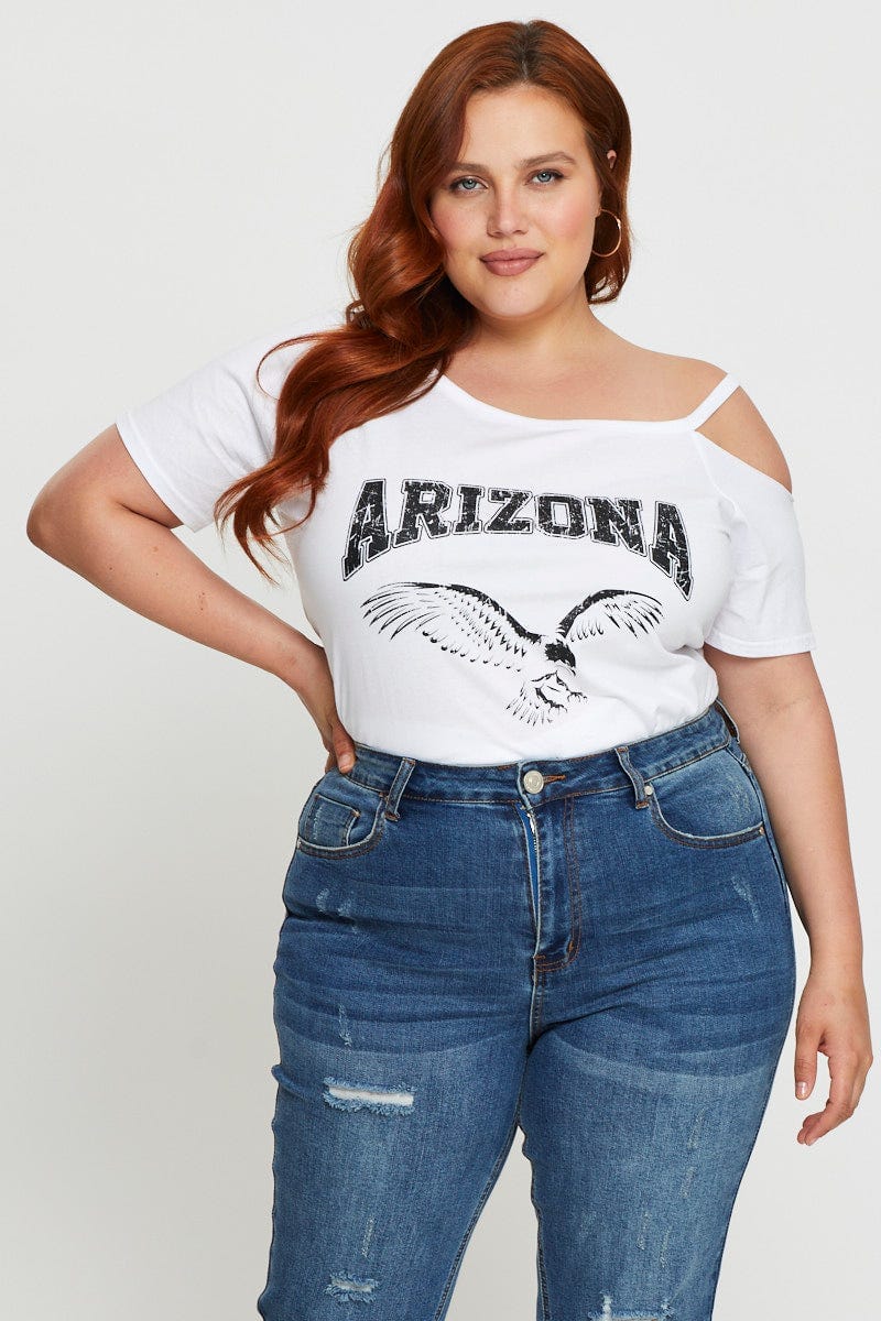 White Graphic T-shirt Arizona Short Sleeve Cold Shoulder - Image 3
