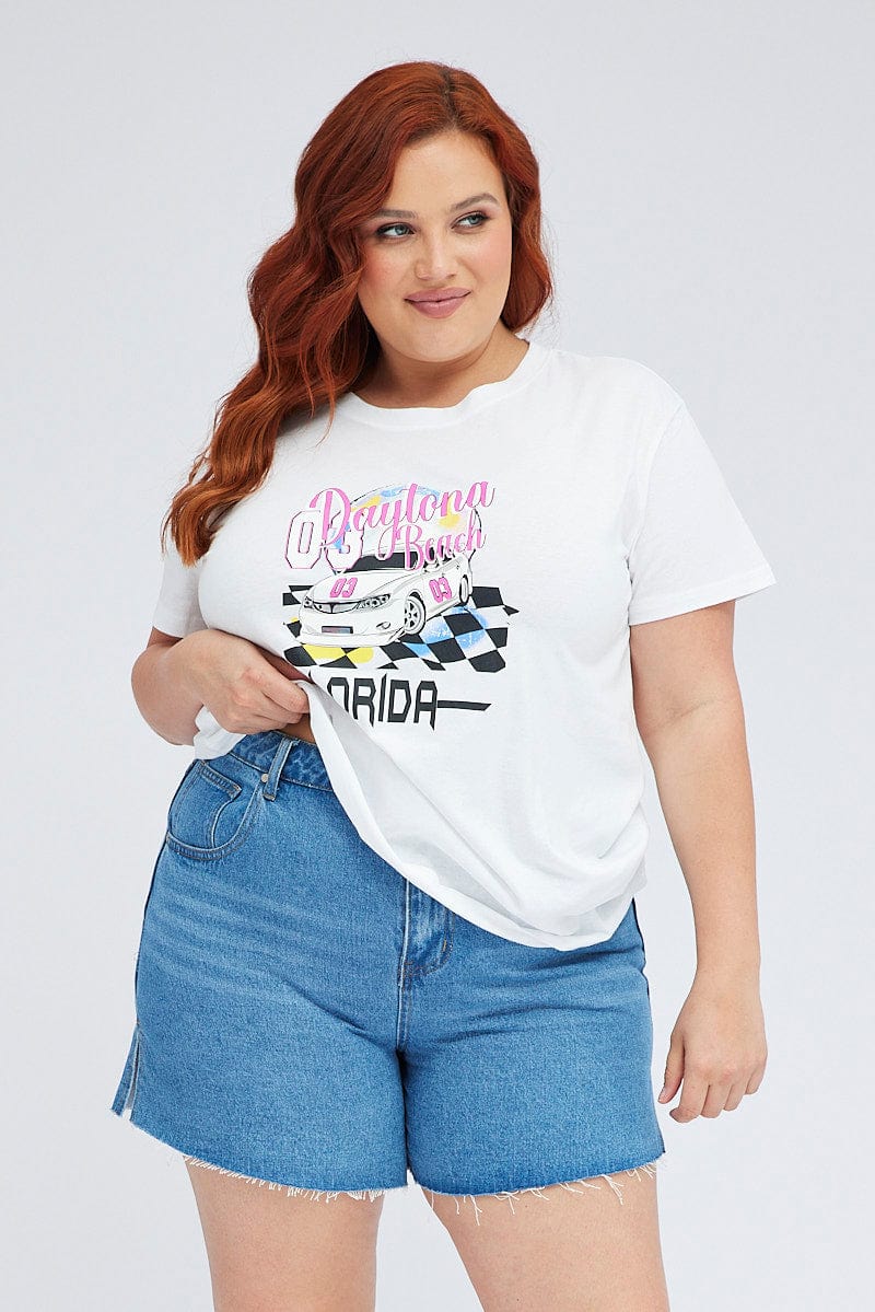 White Graphic T-shirt Daytona Short Sleeve Cotton