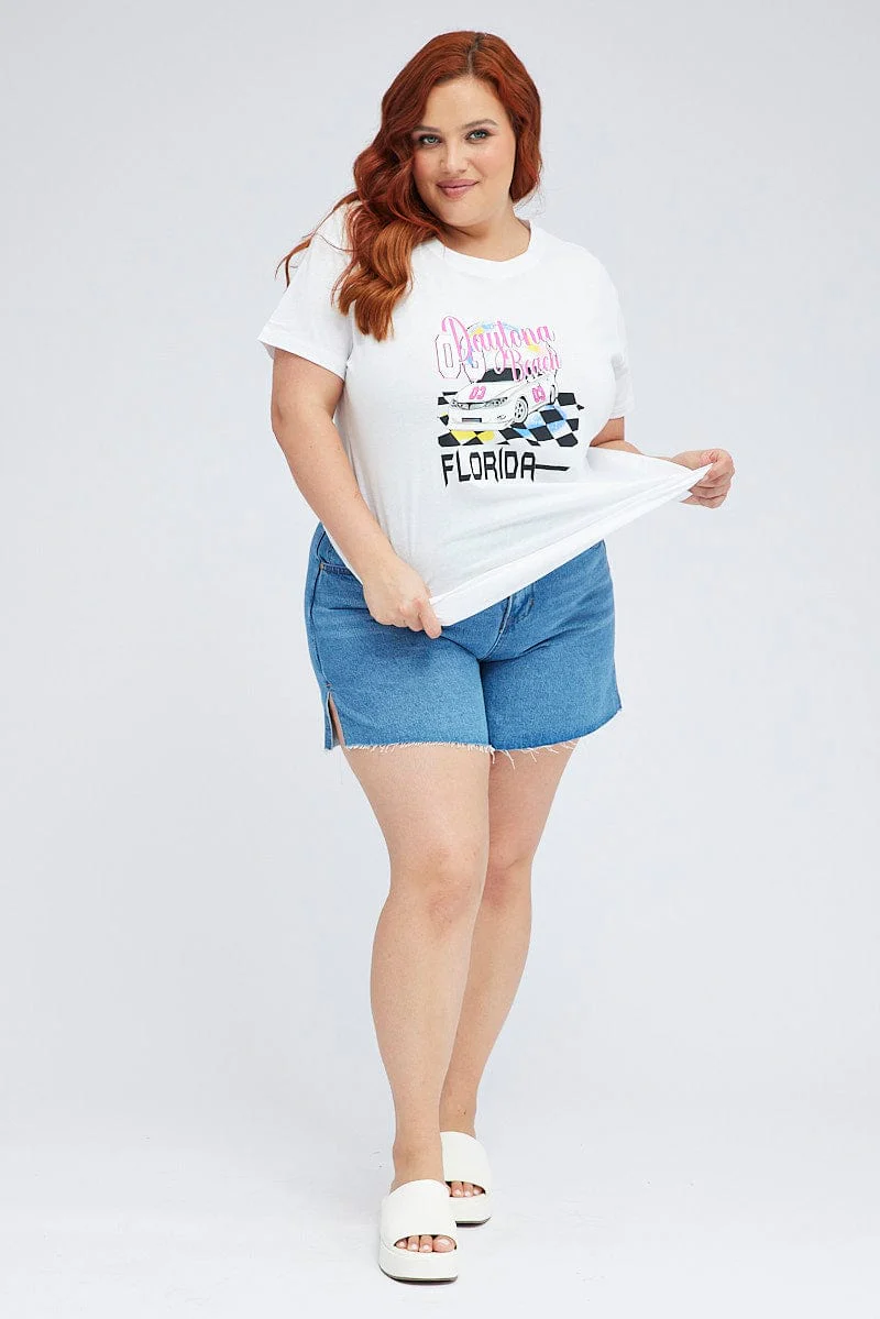 White Graphic T-shirt Daytona Short Sleeve Cotton - Image 2