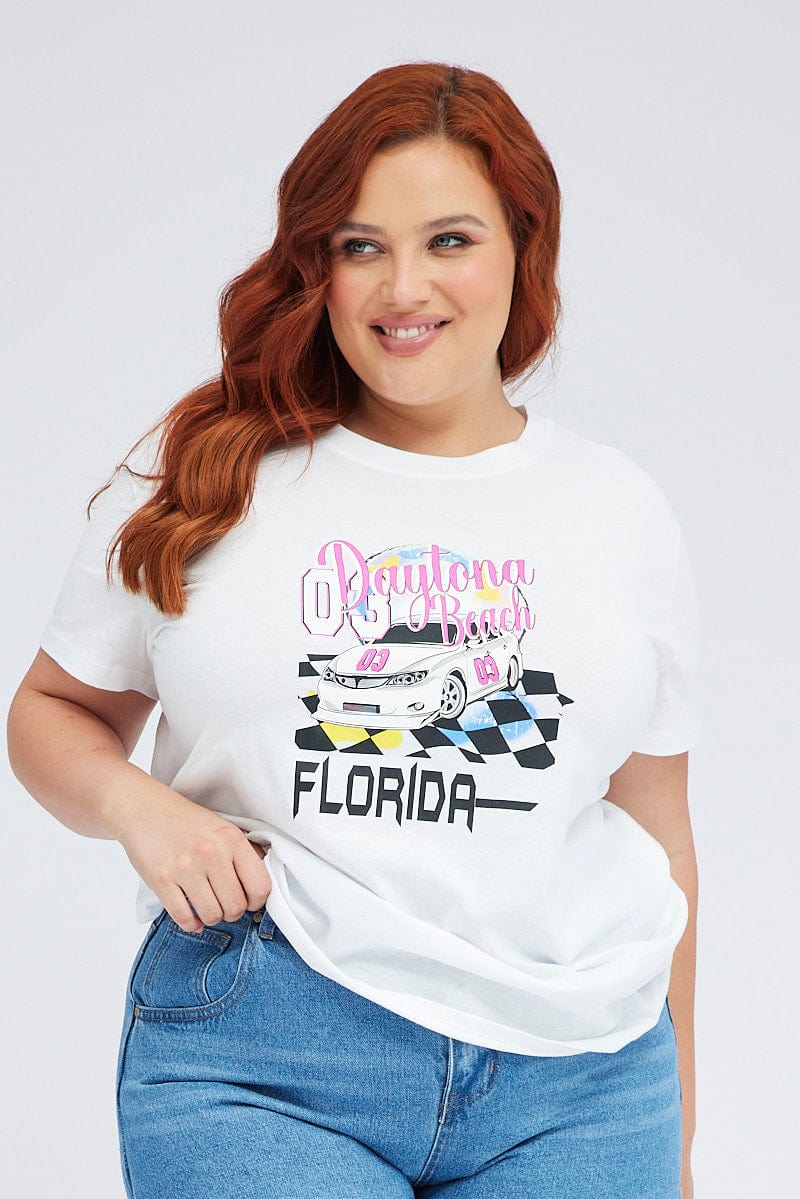 White Graphic T-shirt Daytona Short Sleeve Cotton - Image 3