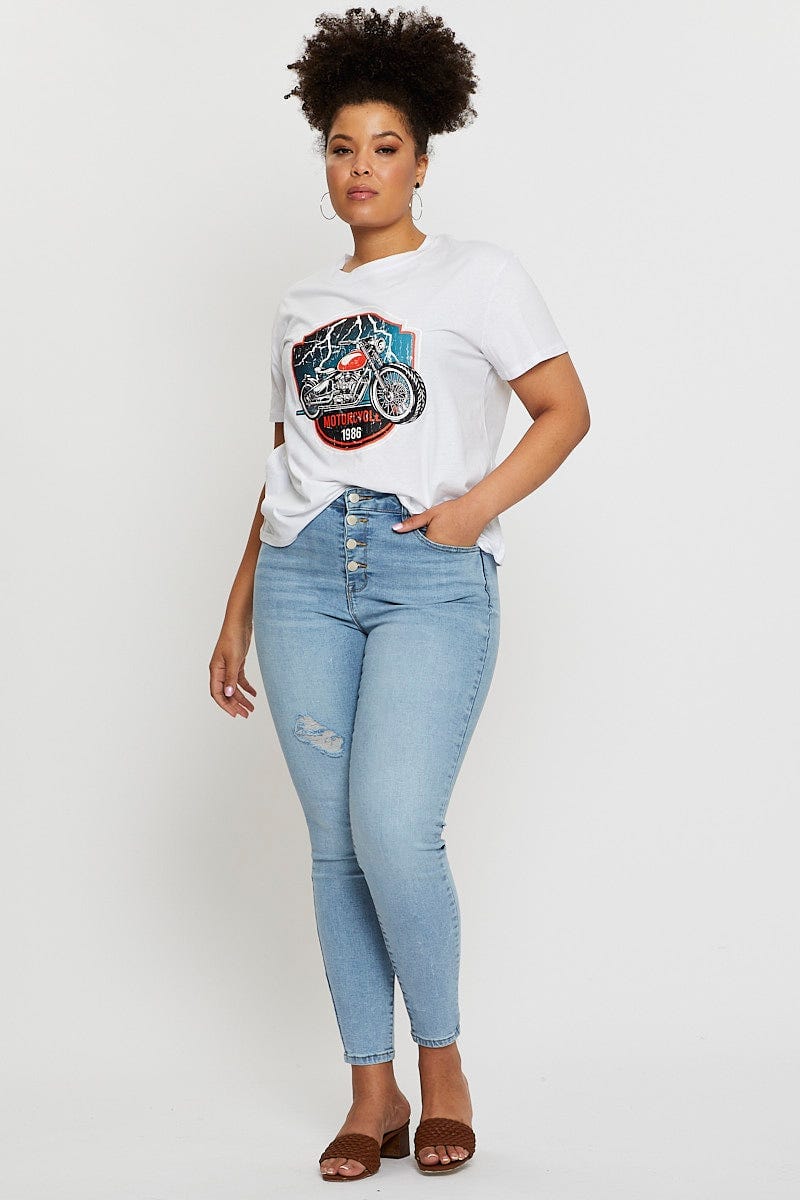 White Graphic T-shirt Motorcycle Short Sleeve Cotton - Image 2