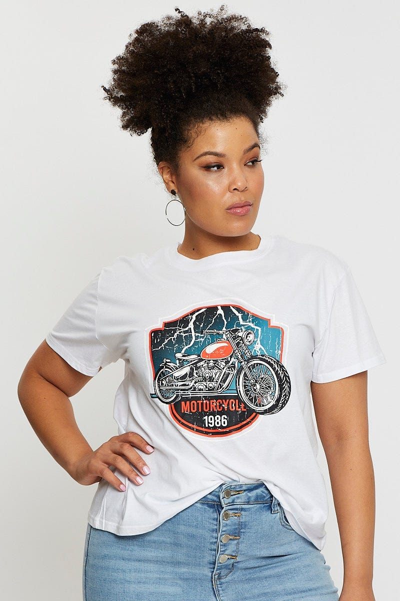 White Graphic T-shirt Motorcycle Short Sleeve Cotton - Image 3