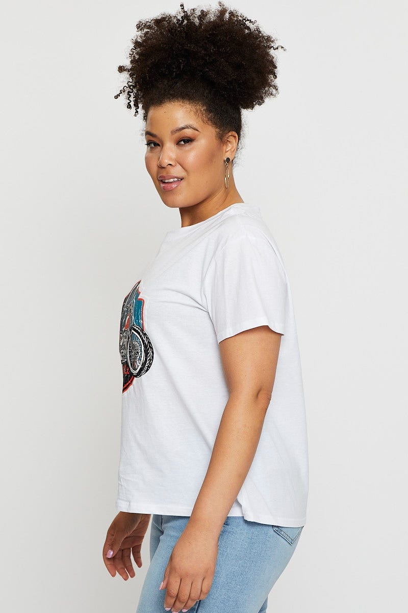 White Graphic T-shirt Motorcycle Short Sleeve Cotton - Image 4
