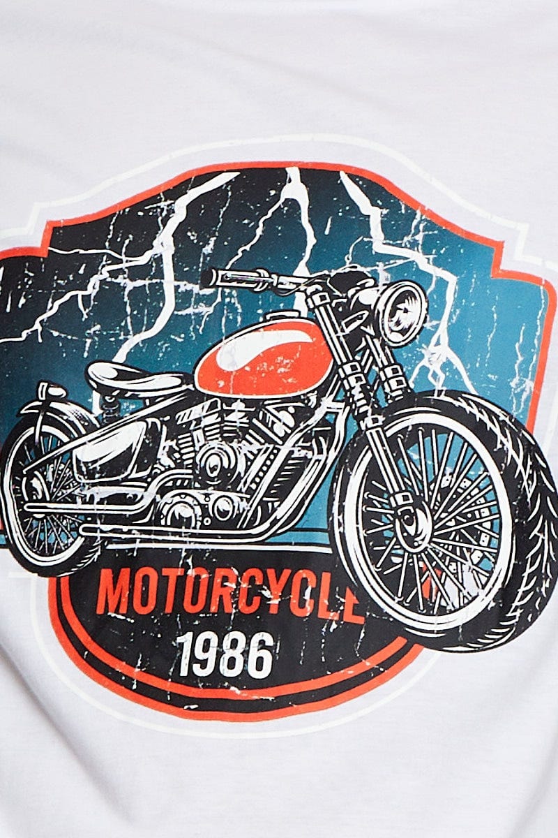 White Graphic T-shirt Motorcycle Short Sleeve Cotton - Image 6