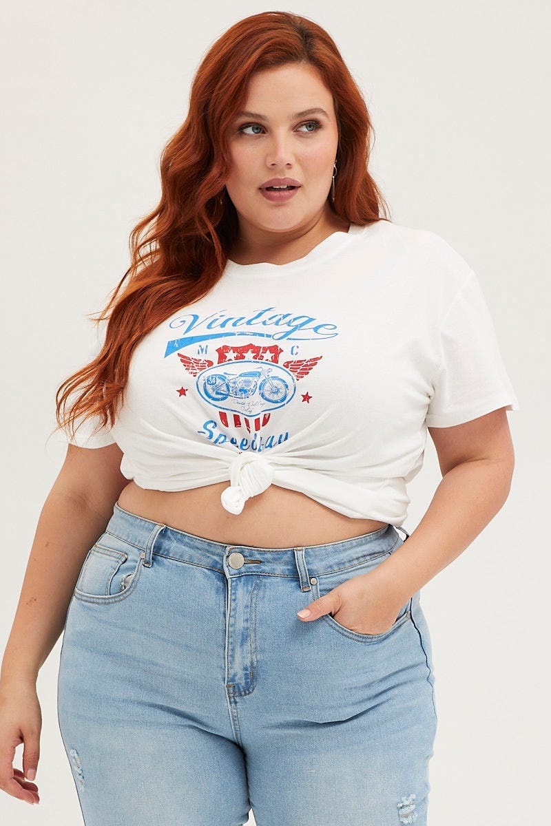 White Graphic T-shirt Speedway Short Sleeve Cotton