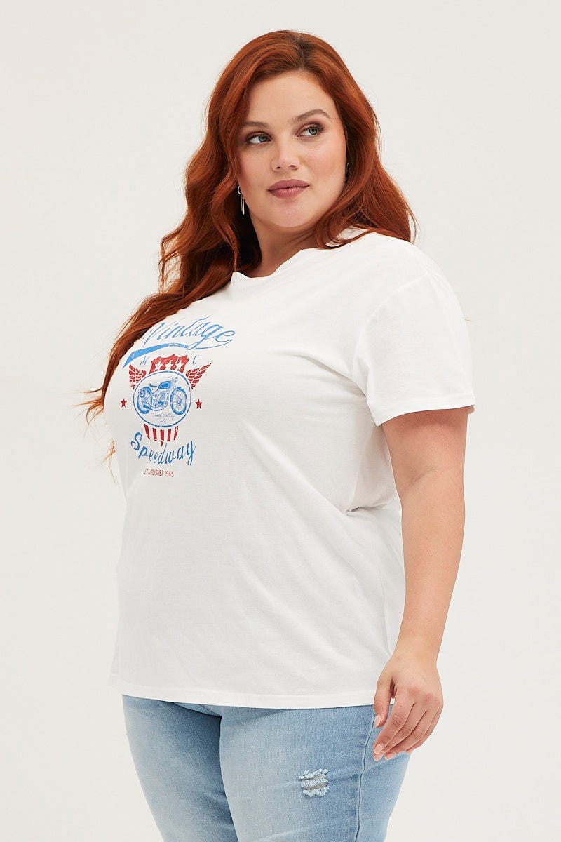White Graphic T-shirt Speedway Short Sleeve Cotton - Image 4