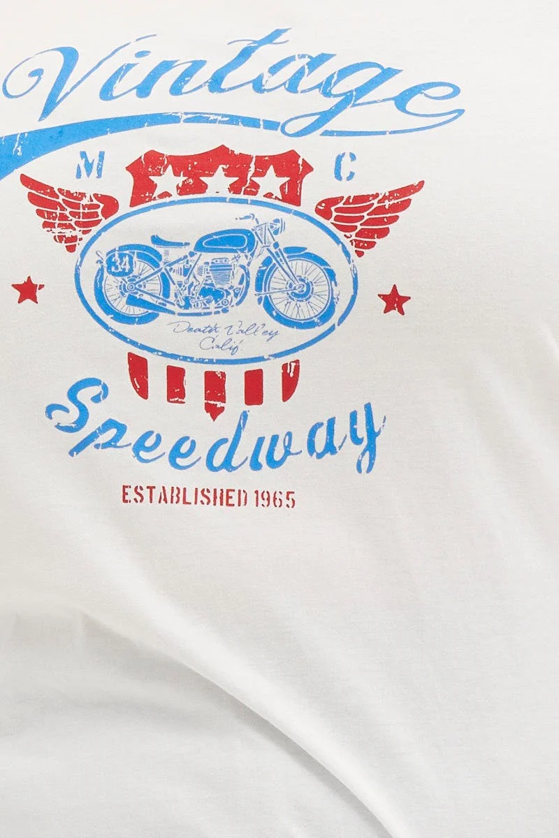 White Graphic T-shirt Speedway Short Sleeve Cotton - Image 6