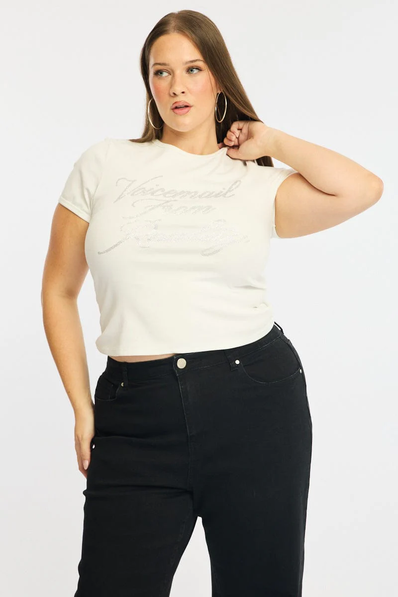 White Graphic Tee Short Sleeve Rhinestone - Image 3