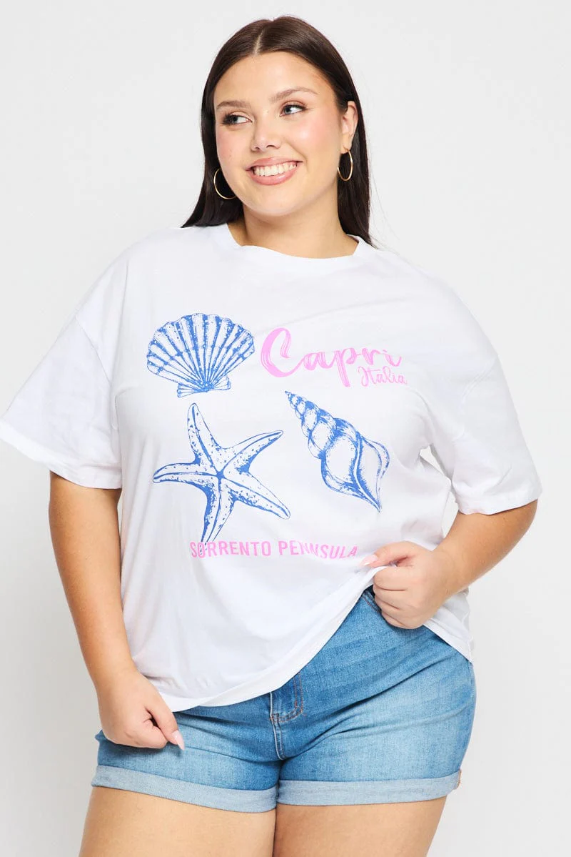 White Graphic Tee Short Sleeve Seashells
