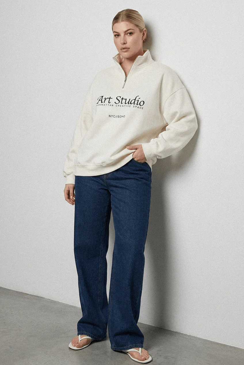 White Half Zip Sweat Top Long Sleeve