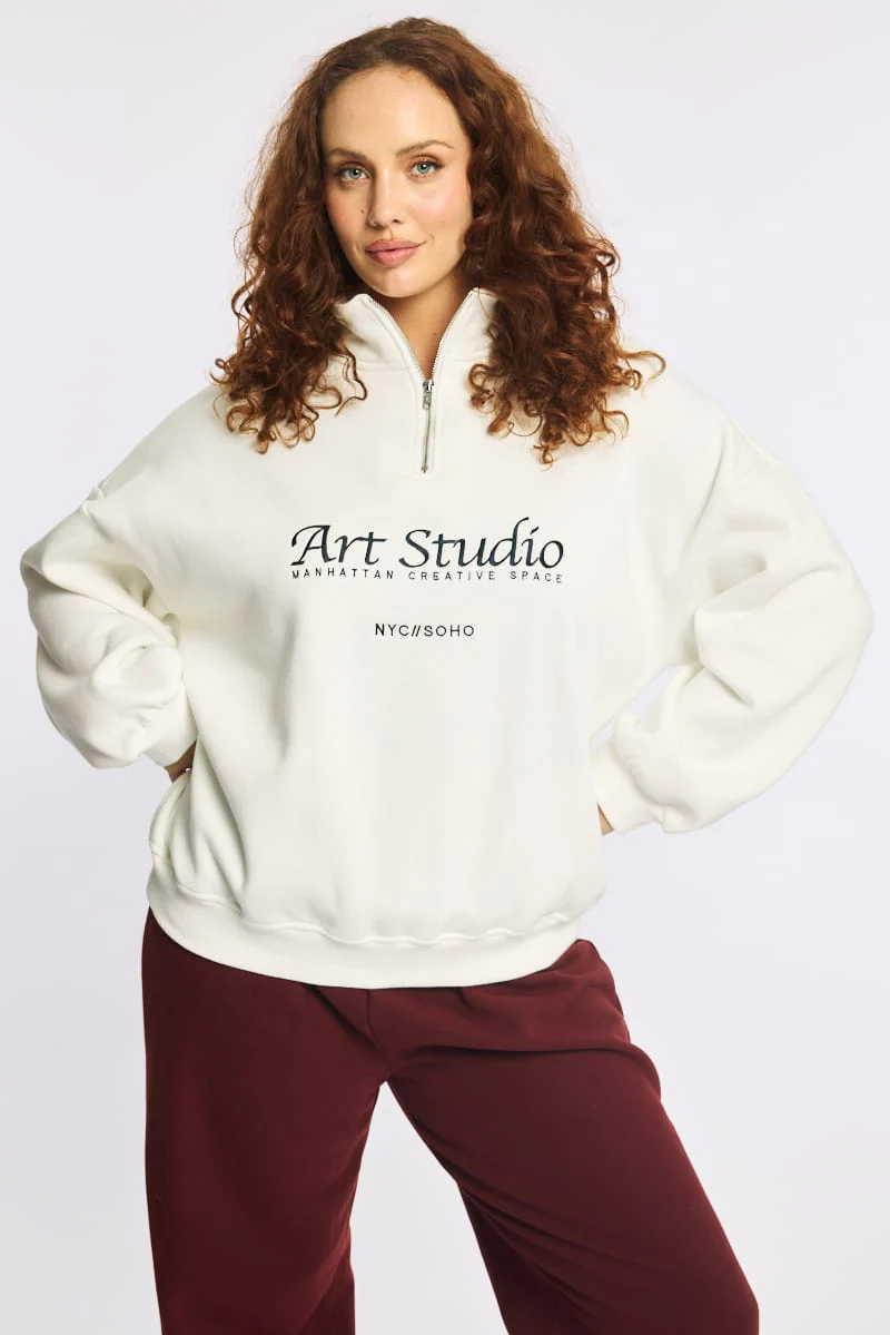 White Half Zip Sweat Top Long Sleeve - Image 2
