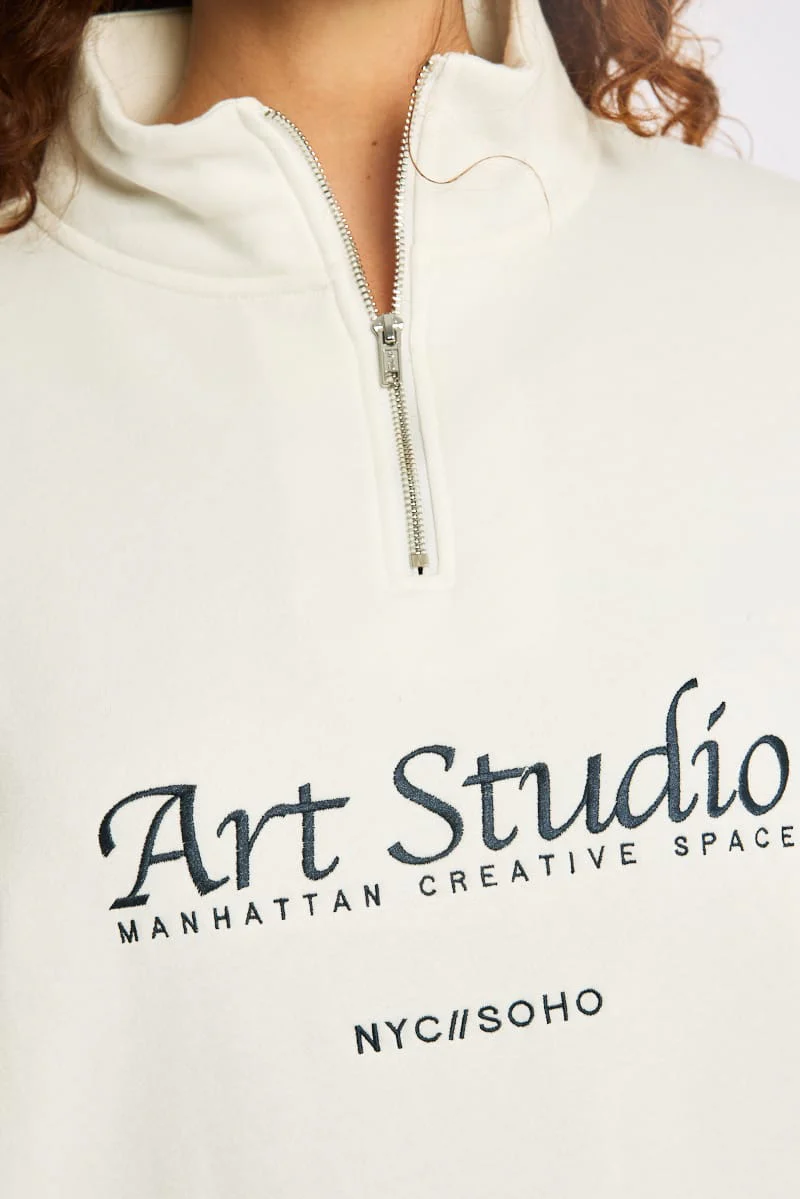 White Half Zip Sweat Top Long Sleeve - Image 6