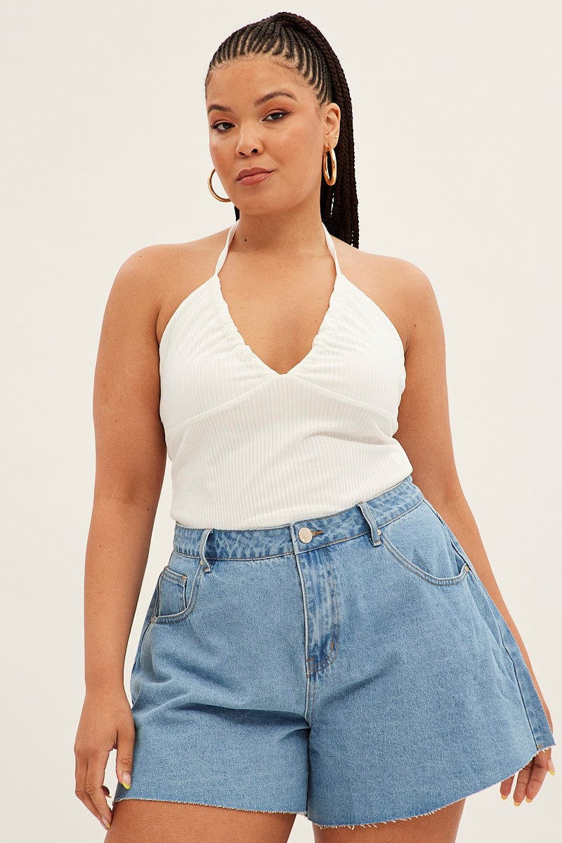 White Halter Top Rib Jersey Gather Bust Detail - Image 3