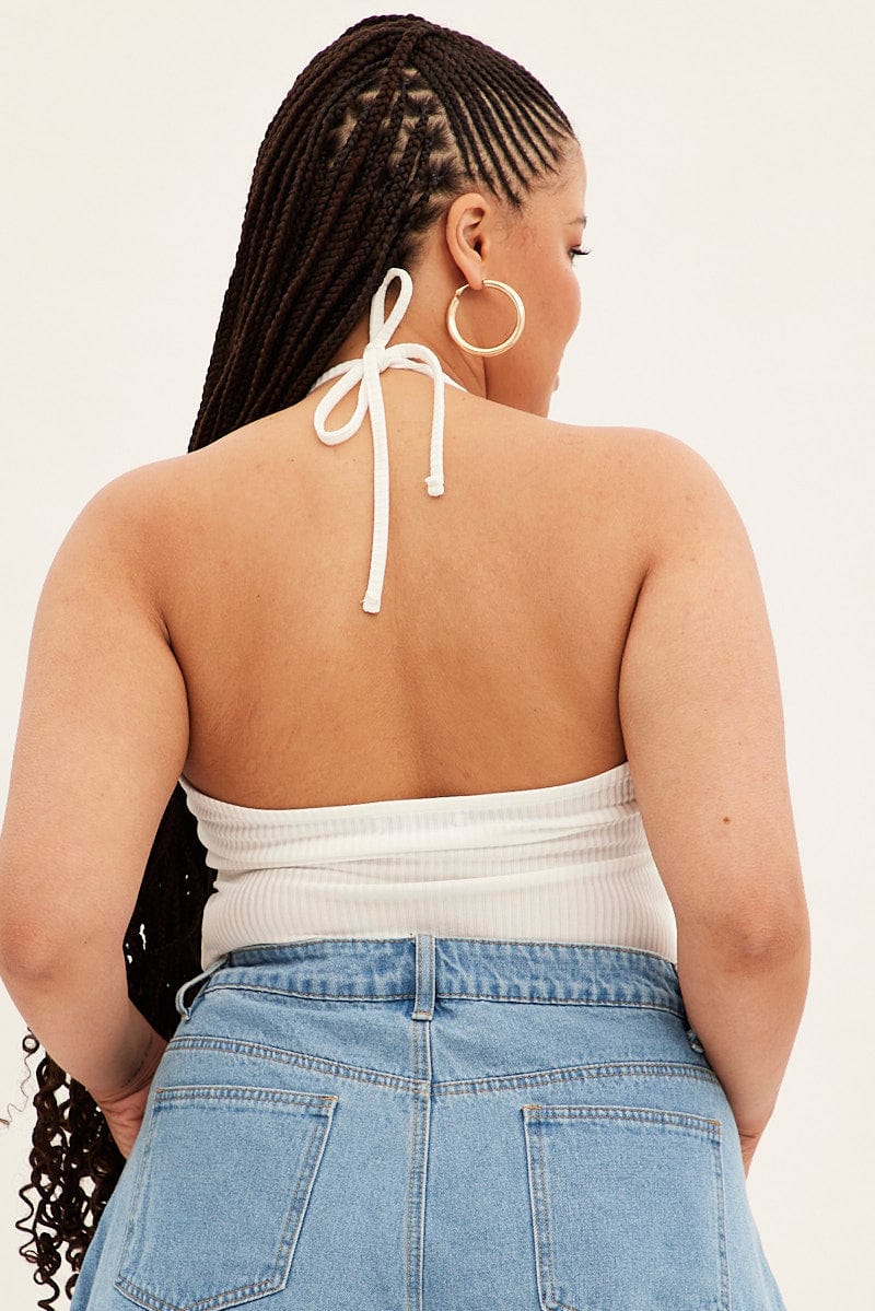 White Halter Top Rib Jersey Gather Bust Detail - Image 5