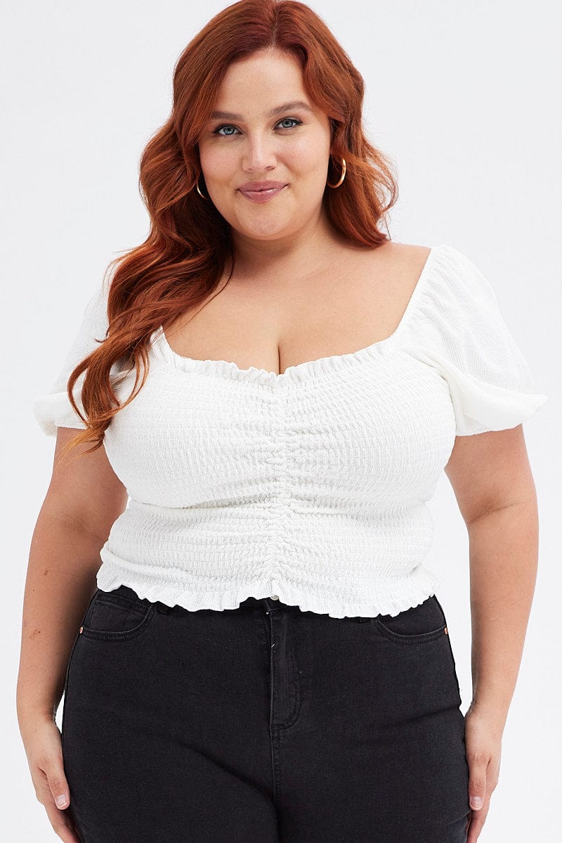 White Jersey Top Crop Puff Sleeve Rib Jersey - Image 3