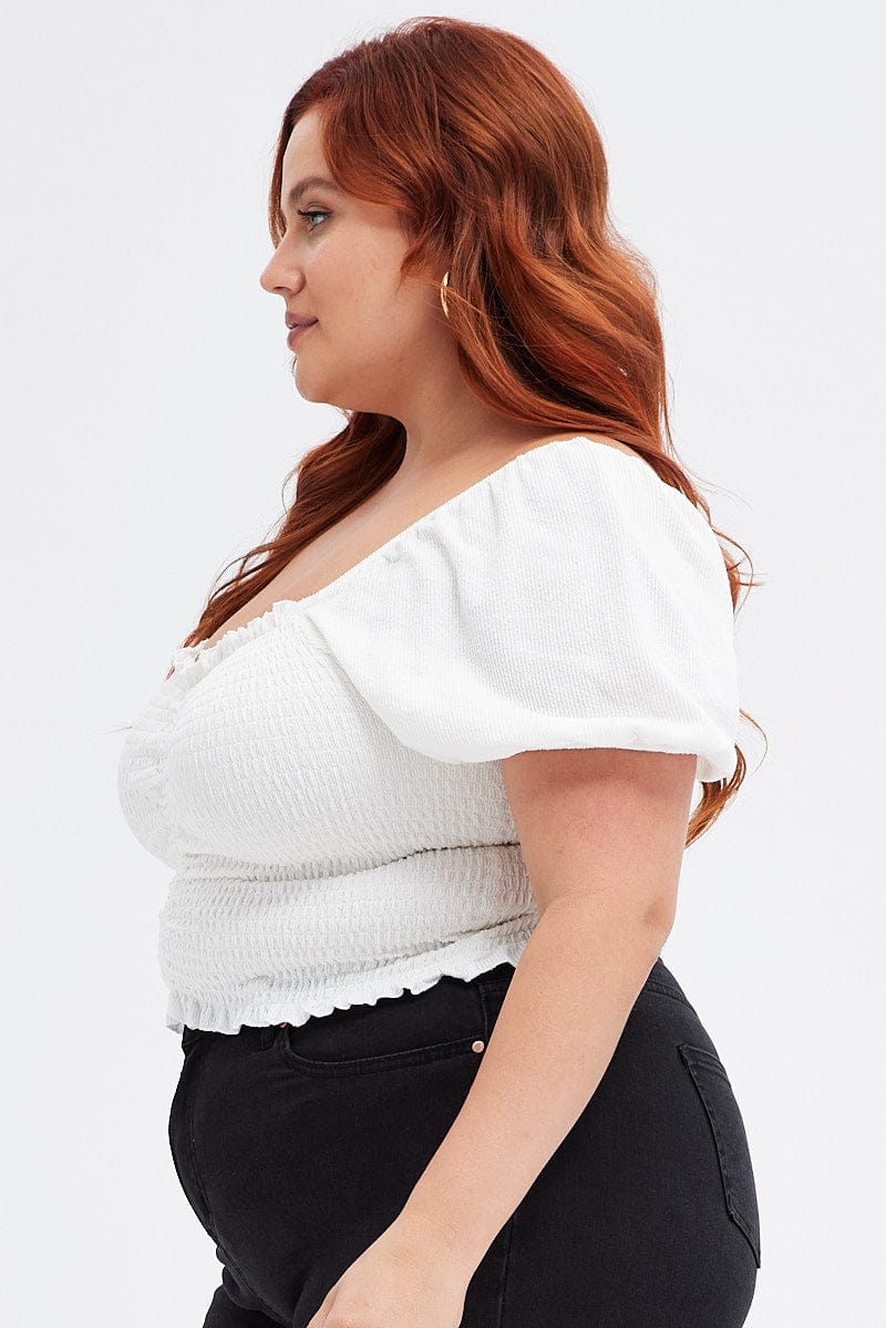 White Jersey Top Crop Puff Sleeve Rib Jersey - Image 4