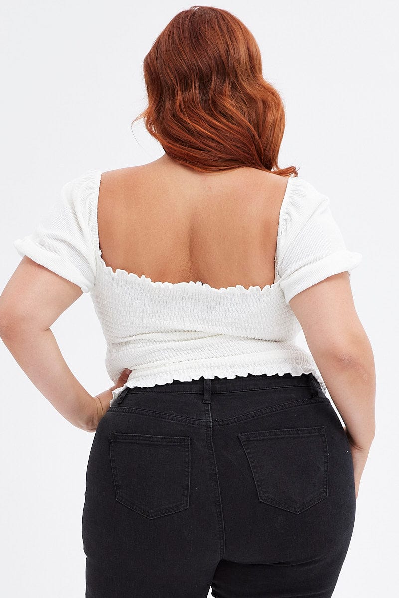 White Jersey Top Crop Puff Sleeve Rib Jersey - Image 5