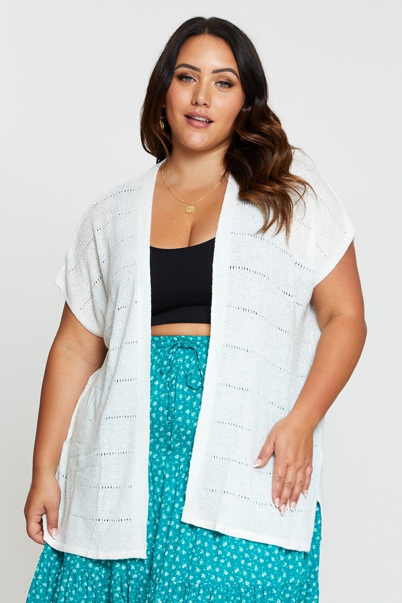 White Knit Cardigan Crochet Short Sleeve - Image 3