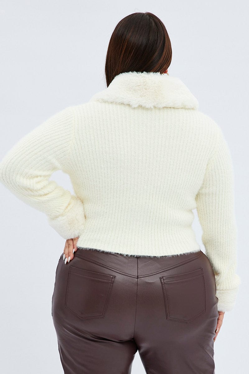 White Knit Cardigan Fur Trim - Image 6