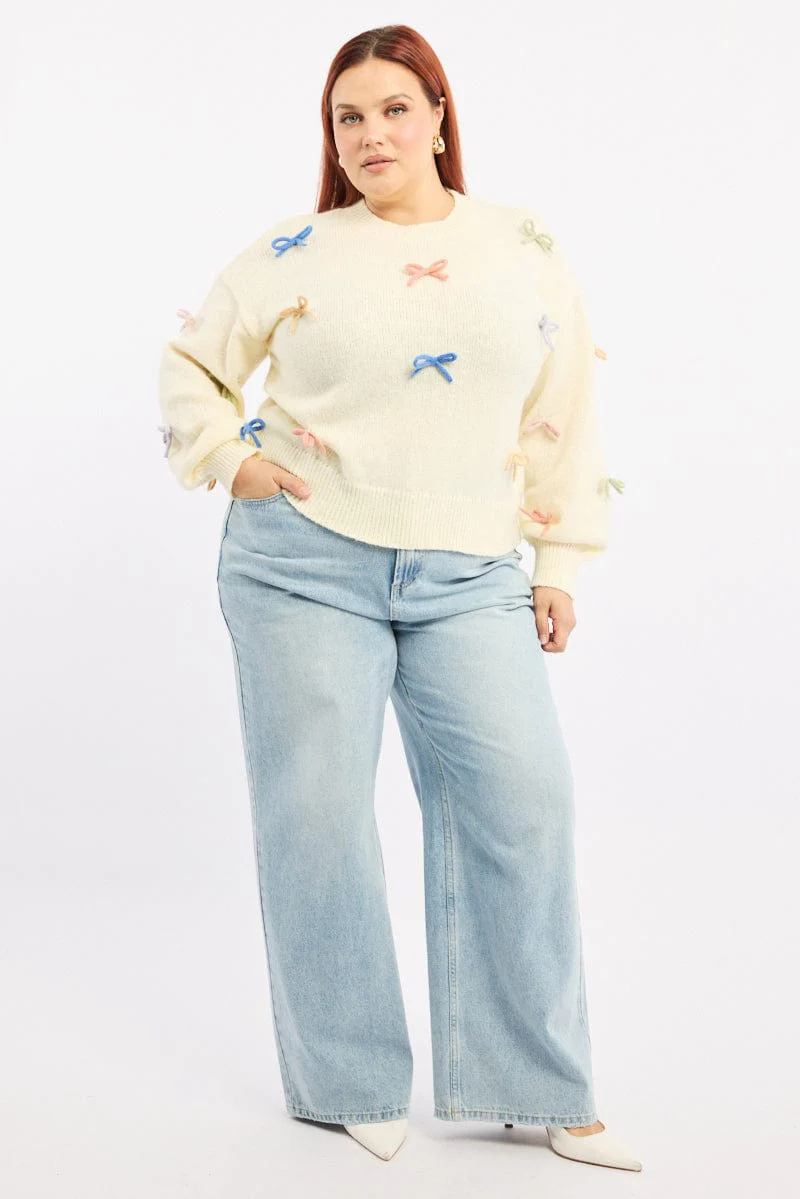 White Knit Jumper Long Sleeve Bow Tie Detail - Image 2
